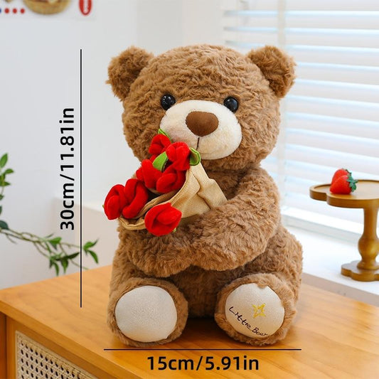 1PC Plush Teddy Bear with Rose Bouquet, Soft Stuffed Animal Toy, Perfect Gift for Valentine'S Day, Anniversaries, Birthdays, Romantic Occasions, Soft Cuddly Gift