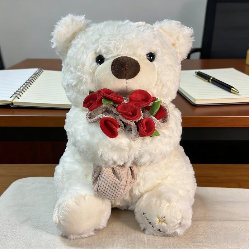 1PC Plush Teddy Bear with Rose Bouquet, Soft Stuffed Animal Toy, Perfect Gift for Valentine'S Day, Anniversaries, Birthdays, Romantic Occasions, Soft Cuddly Gift