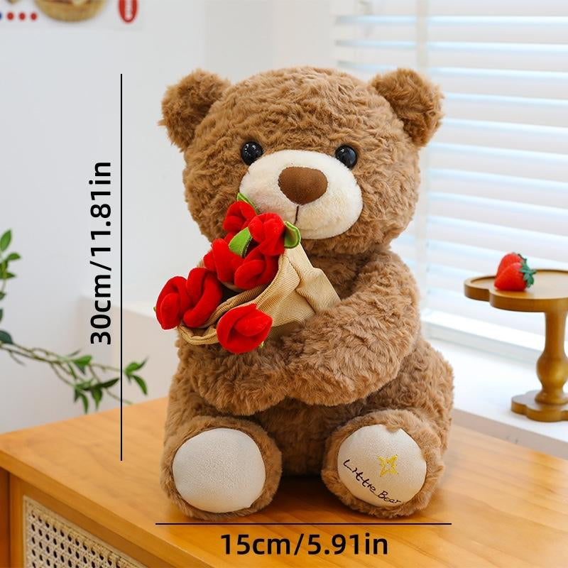 1PC Plush Teddy Bear with Rose Bouquet, Soft Stuffed Animal Toy, Perfect Gift for Valentine'S Day, Anniversaries, Birthdays, Romantic Occasions, Soft Cuddly Gift