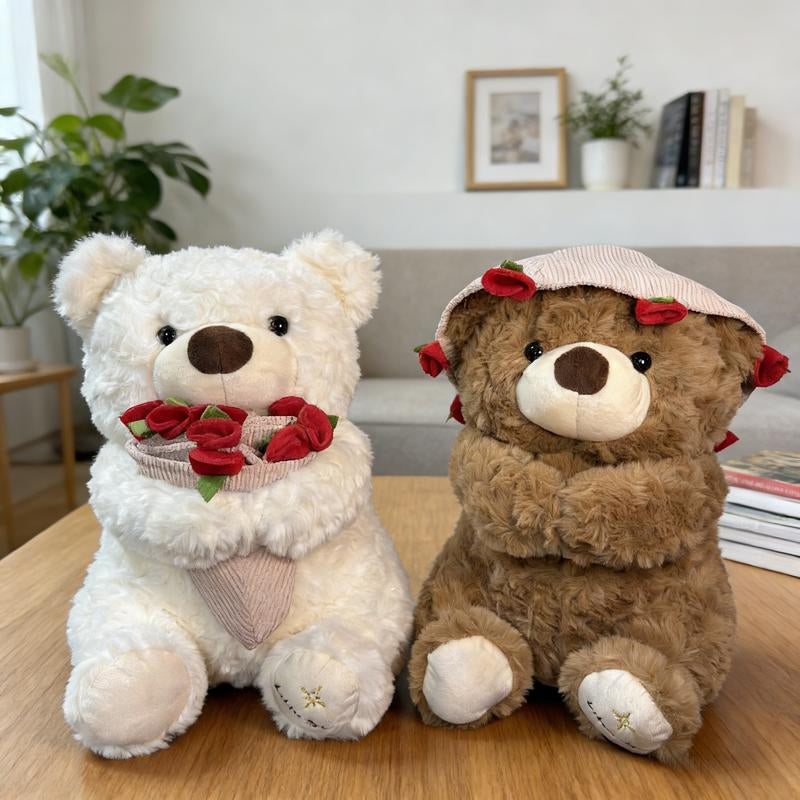 1PC Plush Teddy Bear with Rose Bouquet, Soft Stuffed Animal Toy, Perfect Gift for Valentine'S Day, Anniversaries, Birthdays, Romantic Occasions, Soft Cuddly Gift